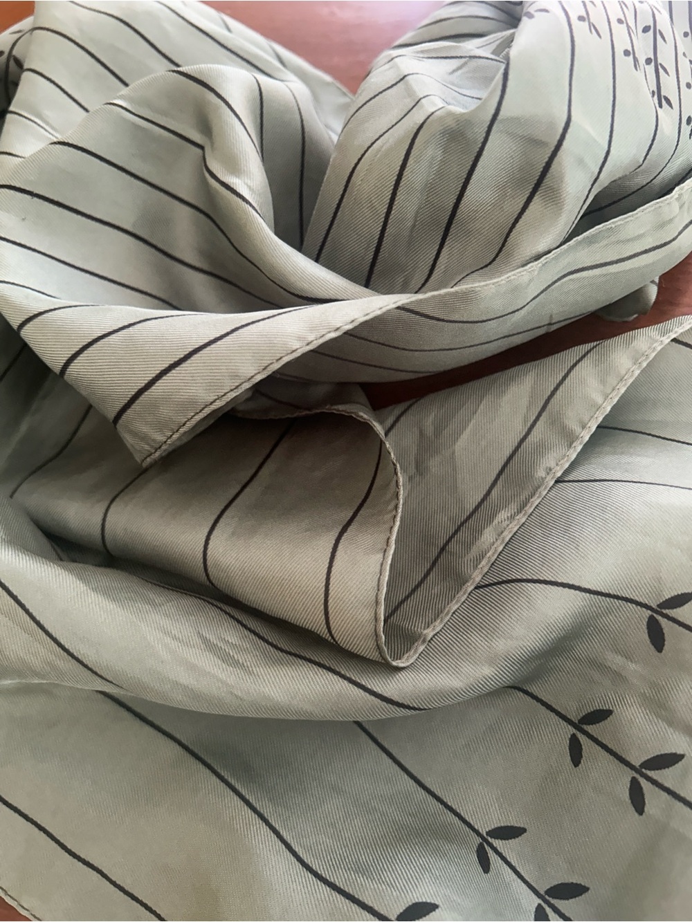 Light Sage Green Striped & Leaf Print Scarf 10” x 45”
